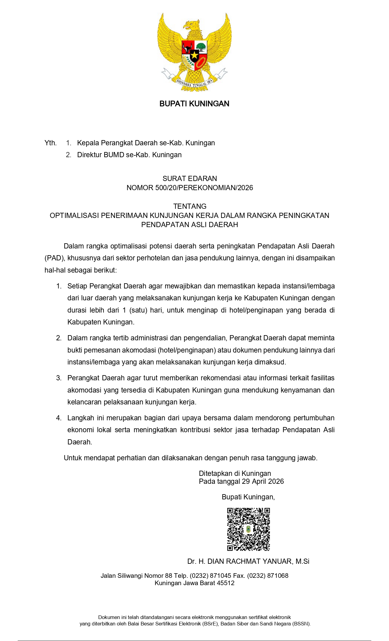Surat Edaran Optimalisasi Penerimaan Kunjungan Kerja Dalam Peningkatan Pendapatan Asli Daerah